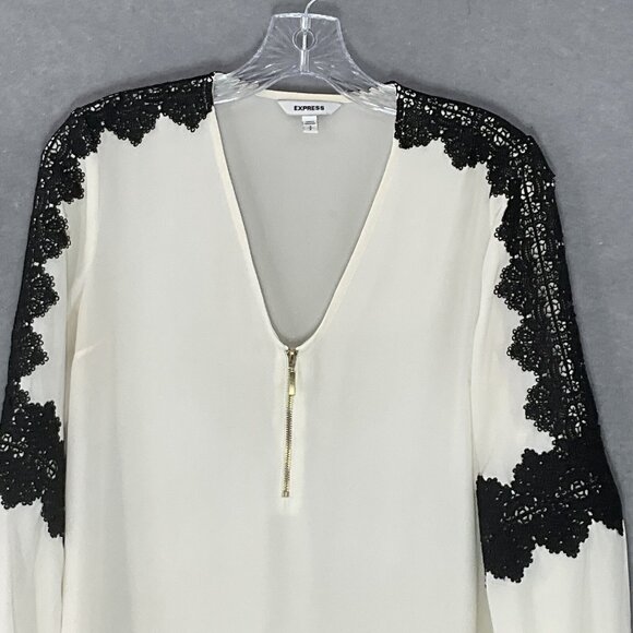 Express Top Women Sz S Ivory Black Lace Detail V-Neck Zip Front Office Career - Picture 4 of 12
